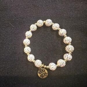 Rustic Cuff Gold and Iridescent Crystal Beaded Stretch Bracelet